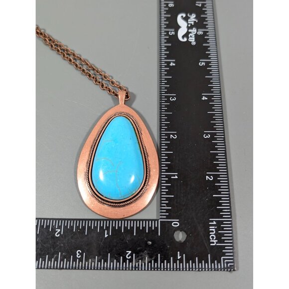 Copper Tone Faux Turquoise Teardrop Stone Cabochon Long Statement Neckalce 38" - Picture 7 of 7